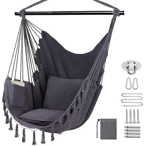TOOSOAR Hängstol utomhus, gungstol i bomull, hängmatta med 2 kuddar, för vardagsrum sovrum trädgård terrass, upp till 200 kg (mörkgrå