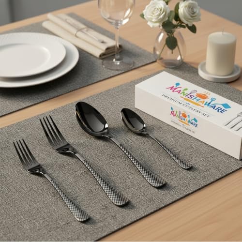 Image of Classic Black 12 Pcs Stainless Steel Cutlery Set for Dining Table, Dishwasher Safe Glossy Flatware