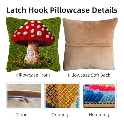 Image of DIY Latch Hook Pillow Kits Red Mushroom Printed Pillowcase Crochet Yarns Hooking Handmade Pillow Cover Cushion for Home Sofa Decoration 17x17inch-2