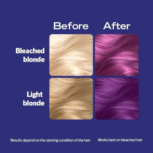 Before and After hair color results for bleached blonde and light blonde hair using Amethyst Chrome dye.