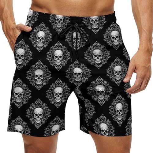 Meaudiwes Men's Goth Gothic Skull Shorts Quick Dry Board Shorts Elastic Waistband Summer Swim Trunks with Drawstring Fashion Beach Shorts (S)