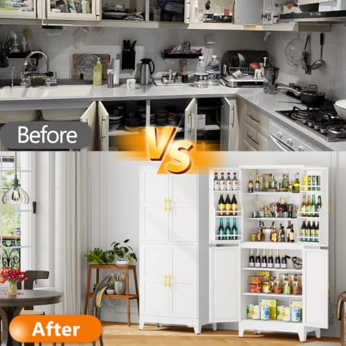 Image of GAIOUS 74.8 inch Tall Metal Food Cabinet, White Kitchen Pantry Cabinet Cupboard | Food Storage, Kitchen Organizer, Storage Cabinet with 4 Door and 4 Adjustable Shelves, Steel Freestanding, for Dining Living