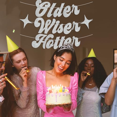 Image of BEISHIDA Glitter Silver Older Wiser Hotter Banner with Star, Funny Birthday Banner 30th 40th 50th 60th 70th 80th Party Decorations