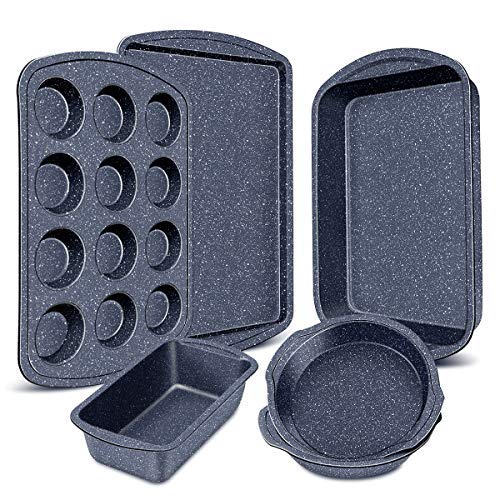 Nonstick Bakeware Set, 6-Pieces Set, Stylish and versatile Bakeware Set with 12-Cup Muffin Pan, Loaf Pan, 2 Round Cake Pans, Roasting Pan,Cookie Sheet, Kitchen Baking Tools. Navy Blue