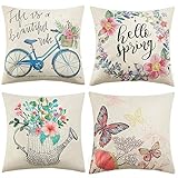 Anickal Spring Pillow Covers 18x18 Inch Set of 4 for Spring Decorations Hello Spring Wreath Bicycle...