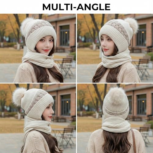 Image of Kraptick Women's Winter Cap and Scarf Set- Thick Fleece Lined Knitted Beanie Hat and Neck Warmer Muffler for Ladies, Stretchable & Soft Woolen Snow Proof for Extreme Cold -6