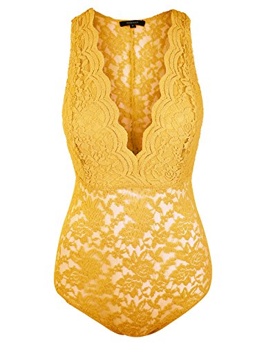 makeitmint Women's Floral Lace Low V-Neck Sleeveless Bodysuit w/Snap Buttons YOB0018-MUSTARD-SML