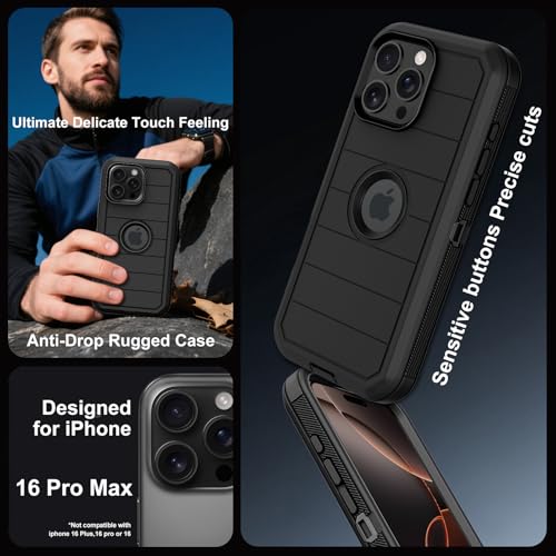 for iPhone 16 Pro Max Case with Screen Protector,Heavy Duty 3-Layer Military Grade Drop Protection Cases,Full Body Shock-Absorbing Dust Proof Rugged Bumper Phone Cover for Apple 16 Pro Max (Black) by Annymall - Used condition - US$8.00