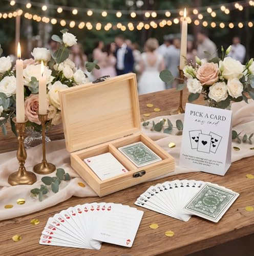 AceOrbit 57 Pack Green Wedding Guest Book Playing Cards Set with Wooden Box Wedding Signing Guestbook Alternative Personalized Blank Deck of Cards for Garden Guest Reception Vegas Bridal Shower Games