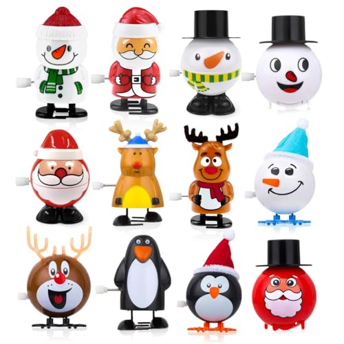 Aurasky 12 Piezas Juguetes Navideños a Cuerda, Juguetes de Navidad para Niños, Cuerda de Muñeco de Nieve Pingüino Reno, Secreta Regalo para Fiesta de Santa