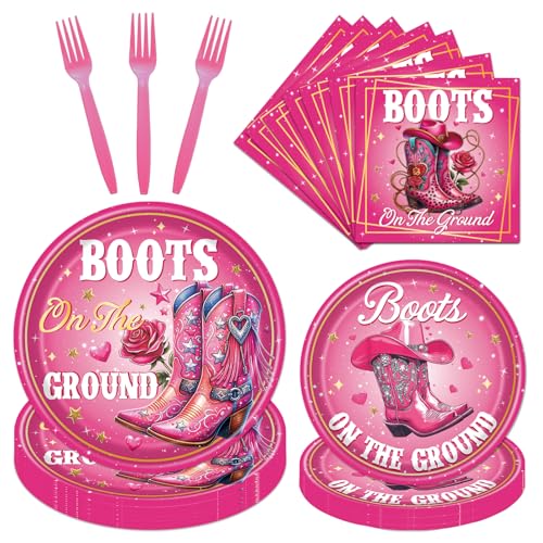 Deorfuy Boots on the Ground Decorations, 96PCS Western Cowgirl Paper Plates and Napkins Party Decoration, Boots on the Ground Birthday Forks Decor Baby Shower Supplies Serve for 24