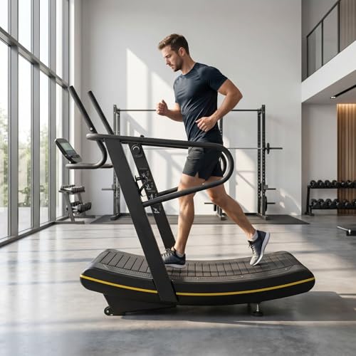 Image of Novastra Curved Manual Treadmill, Non-Electric Fitness Equipment with 8-Level Resistance Adjustment and LCD Display, Cardio and Anaerobic Training Machine for Home Gym Use