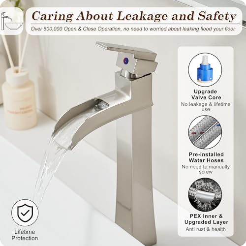 HOIGY Brushed Nickel Bathroom Vessel Sink Faucet, 12 Inch Brass Waterfall Tall Bathroom Faucet 1 Hole with Drain, Single Handle for Countertop Vanity Modern Retro Farmhouse Bowl Sink, 5 Mins Install by HOIGY - Used condition - Image 5