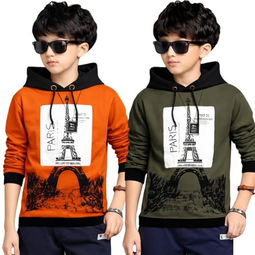 Image of ATLANS Cloths Kids Boys & Girls Hooded Neck Full Sleeves Typography Printed T Shirt, Olive Green, Pack of 1