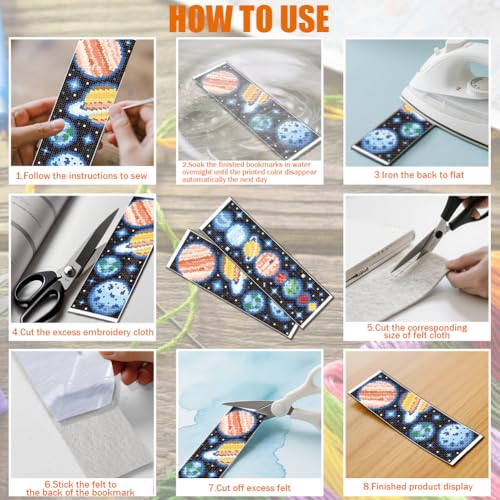 Image of FREEBLOSS 6 Set Cross Stitch Bookmark Kit Planets Pattern Stamped Cross Stitch Kit 11CT Embroidery Kits with Instructions for Beginners Adult 20x6cm /8x2.4inch