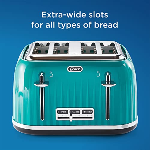 Oster 4-Slice Extra Wide Slot Pop Up Toaster With 9 Shade Settings, Removable Crumb Tray, And Quick Check Lever, Teal W/ Chrome Accents #TOP3