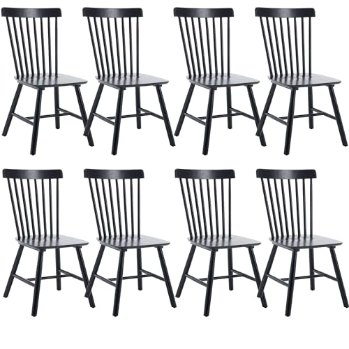 LZAREAL Farmhouse Dining Chairs Set of 8 Wooden Kitchen Chairs Mid Century Modern Spindle Chair French Country Windsor Dining Chairs for Dinning Room Kitchen Restaurant Bar Canteen Library, Black