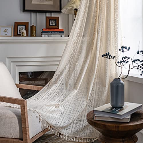 Tospass Vintage Landhausstil Häkeln Stricken Vorhang Boho Bohemien Vorhänge Aushöhlen mit Quaste 2er Set Gardinen Outdoor Baumwolle Gardienen für Wohnzimmer Schlafzimmer Curtains 150x160 cm Beige