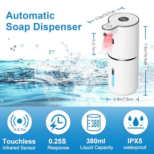 Image of OHIFAST Automatic Foaming Soap Dispenser Touchless, USB Rechargeable Smart Hand Soap Dispenser, 6-Level Adjustable, 12.8oz /380mL Wall Mounted for Bathroom Kitchen Dish Soap-White