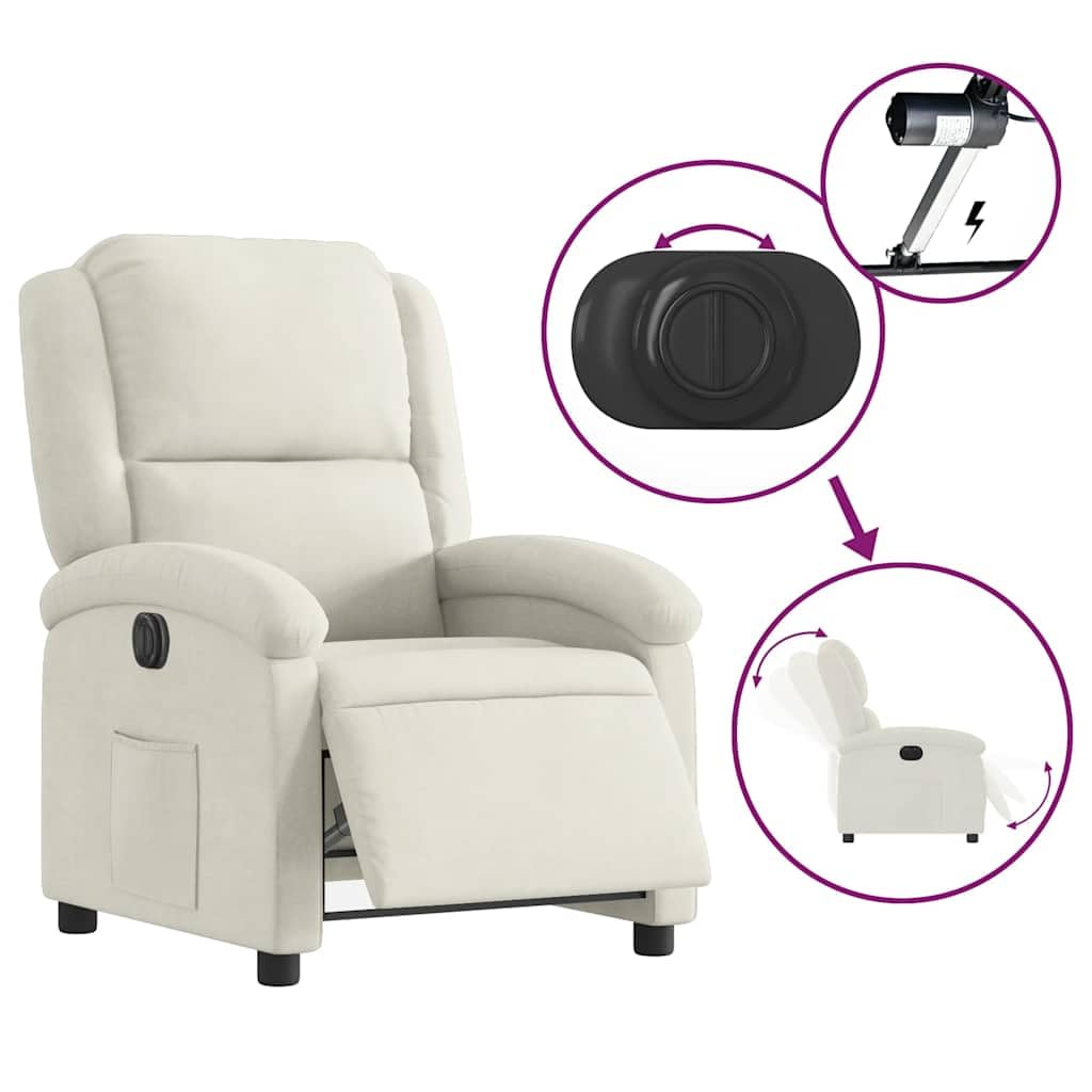 Poltrona relax elettrica in velluto color crema con poggiapiedi e schienale regolabile, comoda sedia imbottita per soggiorno, camera da letto, ufficio e salotto, con tasca laterale