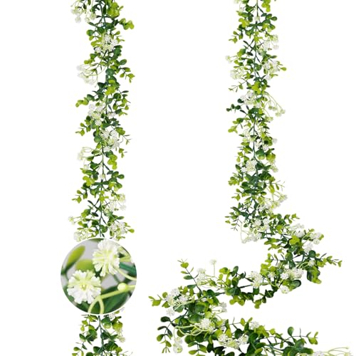 HIAGROW 6FT Eucalyptus Garland with Flowers, 2 Pack Artificial Greenery Garland Hanging Spring Eucalyptus Garland Suitable for Table Wedding Backdrop Arch Wall Party UV Protected Indoor Outdoor Decor