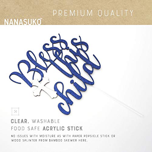 Nanasuko Cake Topper - Bless This Child - Double Sided Navy Glitter With White Opal Cross - Premium Quality Made In Usa #TOP5