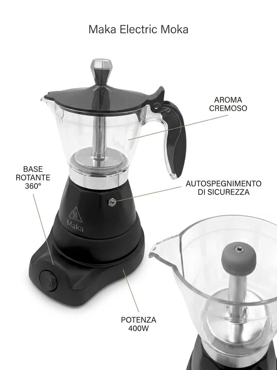 MAKA Moka Elettrica 1-3 Tazze Caffettiera con 1 Filtro per 1 Tazzina Pronto in 4 Minuti Mantiene il Caffè Caldo per 30 Minuti 400W Autospegnimento Alluminio Nero Grigio Argento Antischizzi (Nero)