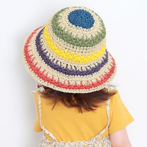 KORADI Girls Sun Hats Rainbow Straw Hat Kids Wide Brim Summer Beach Hats Hollow Out Bucket Hat 3-8 Years2