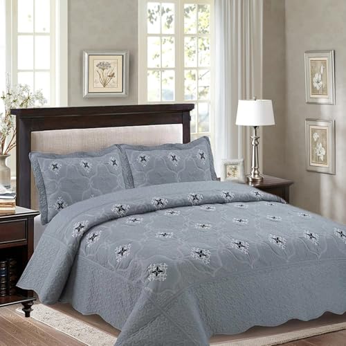 MarCielo 3 Pcs Embroidery Quilt Set, Gray Floral Bedspread, California King