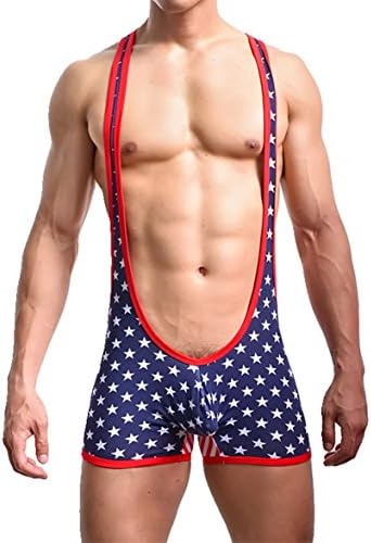 S Forever Men's Sexy Sports Jockstrap Jumpsuit,USA Flag Bodysuit Wrestling Singlet (X-Large)