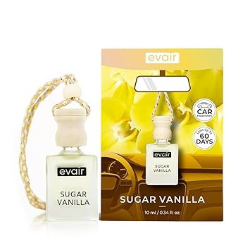 Evair Sugar Vanilla Car Air Freshener | Hanging Car Perfume with Essential Oils | Long-Lasting Aroma in Glass Bottle with Wooden Diffuser Lid | 10ml Hanging Car Scent (Pack of 1)