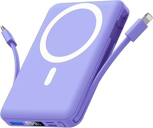 Yiisonger Banco de energía inalámbrico magnético, cargador portátil de 10000 mAh, 22.5 W PD de carga rápida con cables incorporados, pantalla LED,