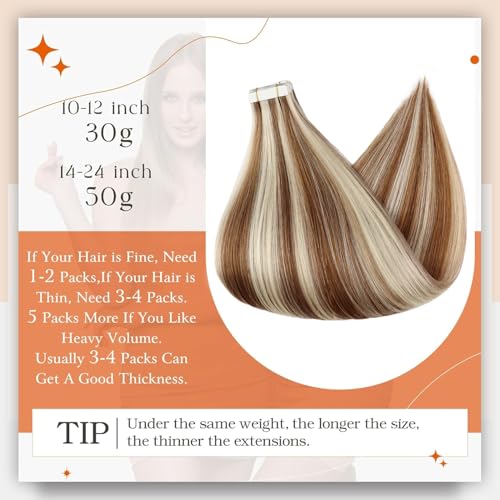 Image of Full Shine Tape in Extensions Color 330 Copper Brown Highlighted 800 Blonde 12Inch Short Double Sided Tape in Hair Extensions Human Hair 30Gram Remy Straight Skin Weft 20Pcs for Women