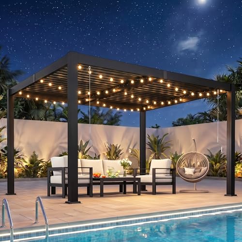 Louvered Pergola, 10' x 12' Outdoor Pergola, Metal Patio Gazebo with Adjustable Louvers Roof and Gutter System, Metal Hardtop Gazebo for Patio, Backyard, Deck, Garden, Dark Gray