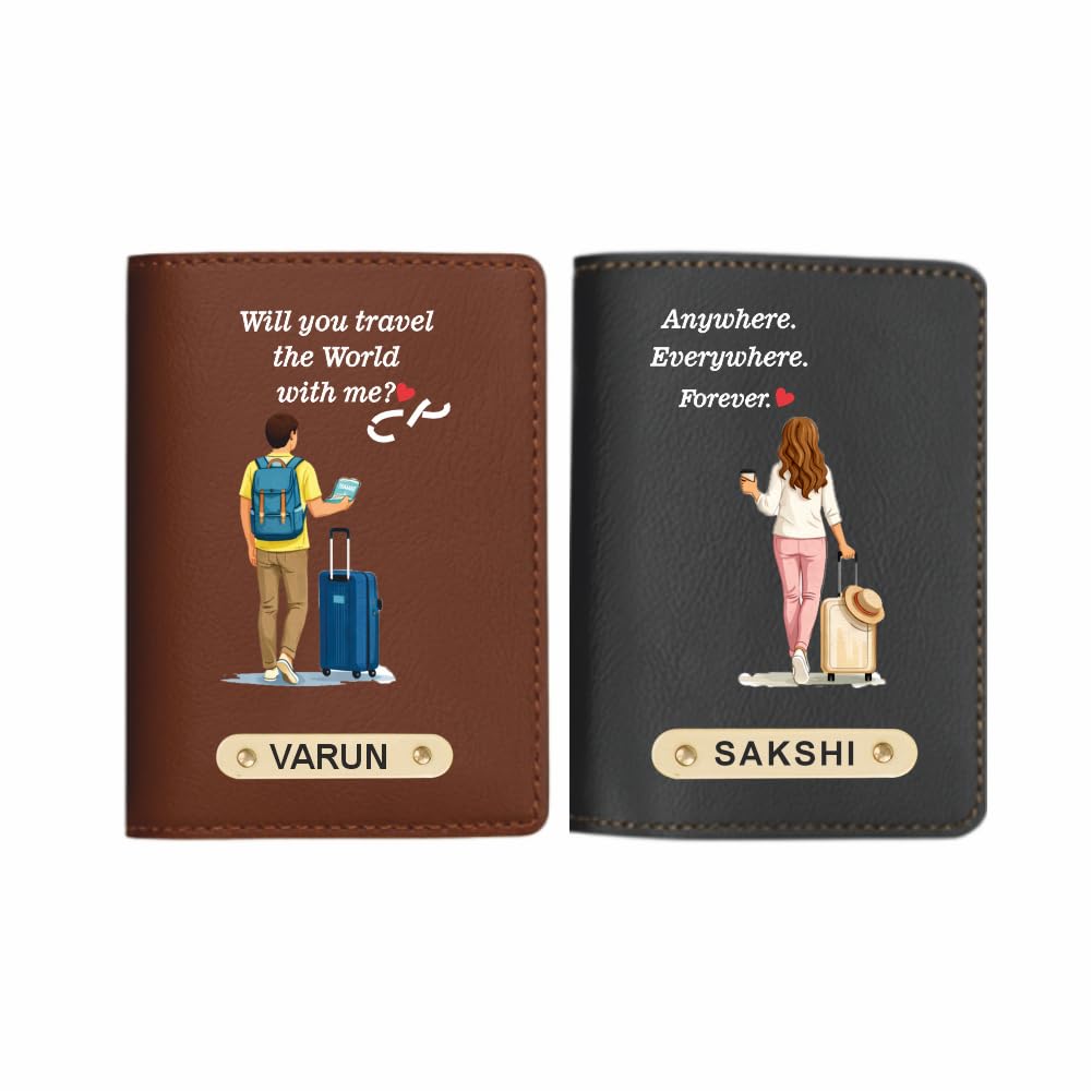 Customized Couple Printed Passport Cover Gift Set 2 Pcs | Personalised Leather Travel Gift for Husband Wife, Boyfriend Girlfriend | Customised Valentine's Day Gift Set (Design 1)-image-5