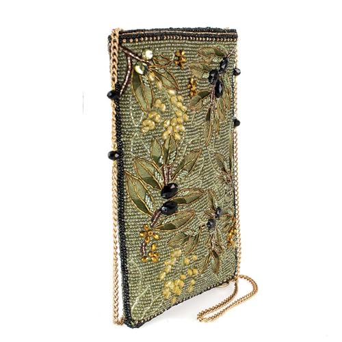 Mary Frances Olive Branch Beaded Floral Crossbody Cell Phone Bag Clutch with Leaf and Blossom Design, Green3