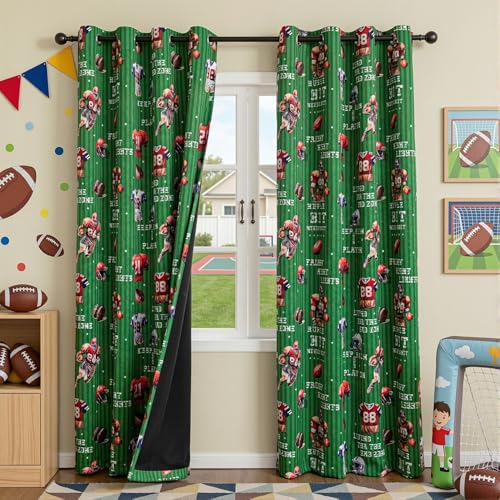 Image of MYSKY HOME 95% Blackout Curtains 84 Inch Length 2 Panels Set with Rugby Football Sport Patterns Grommet Thermal Insulated Drapes for Kids Boys Nursery Living Room Bedroom, Each Panel 52 inch Wide, Green