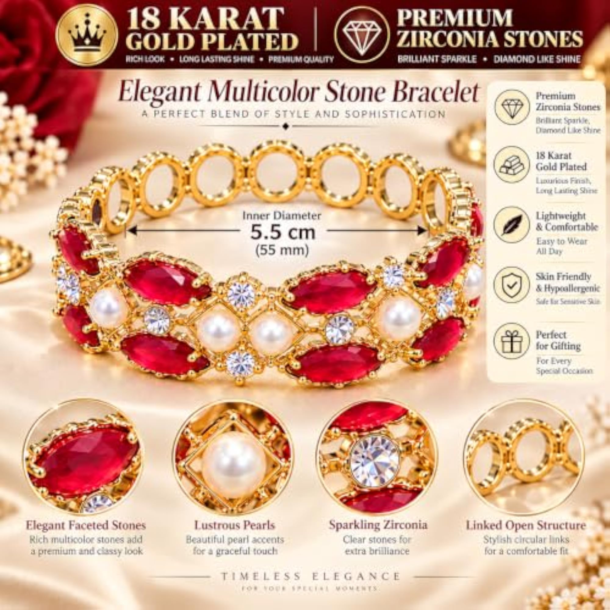 Women's 18K Gold Plated Red Stone Bracelet, 5.5 cm