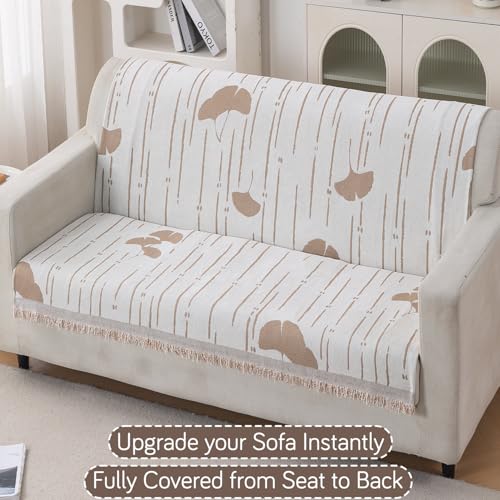 Image of HOKIPO Serene Abode Sofa Cover 2 Seater, 180x120 cm, Beige Ginkgo Lines