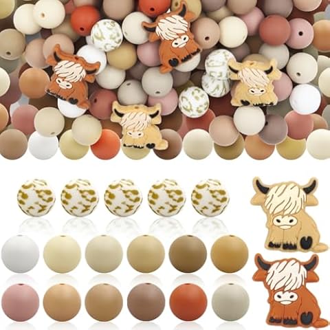 Jyongmer 130 Pcs Highland Cow Silicone Beads, 15mm Print & Solid Color Silicone Beads, Animal Shaped Silicone Beads Colorful Flat Round Spacer Beads for DIY Crafts, Necklace Jewelry Keychain Making Cover