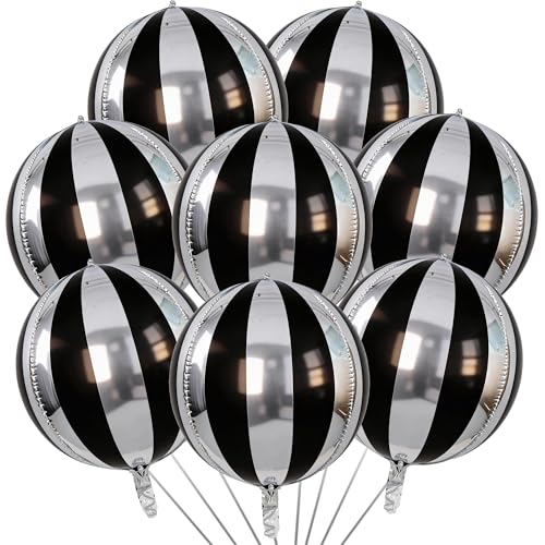 TONIFUL 8 globos redondos gigantes de aluminio 4D de 56 cm, color negro y plateado, globos metálicos de Mylar Sephere para Navidad, Año Nuevo, fiesta de cumpleaños, graduación, boda, despedida de