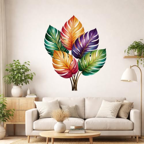 Image of Rangoli Colorful Tropical Leaves Wall Art 16x21 Inch | Abstract Botanical Monstera Leaf Painting | Vibrant Multicolor Canvas Print for Living Room Bedroom Home Decor