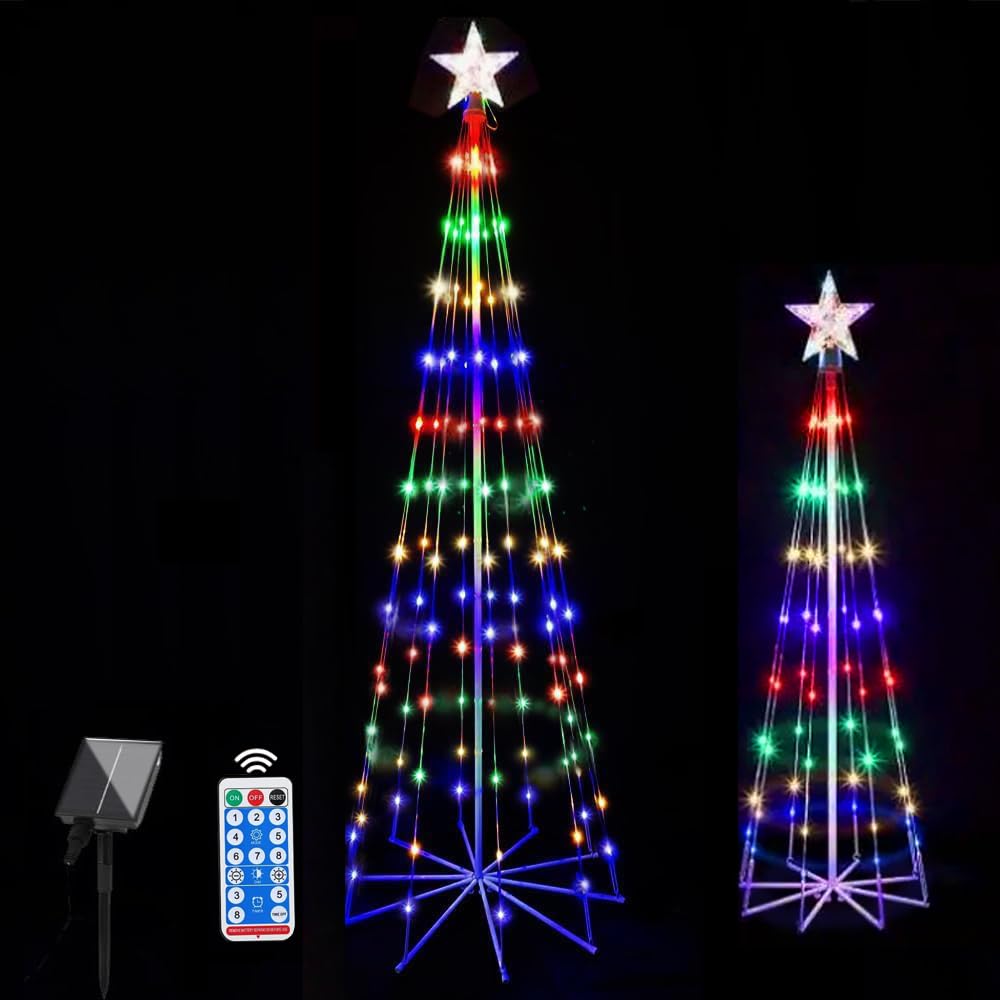 Guirlande lumineuse pour sapin de Noël avec cimier d'arbre, étoile de sommet alimentée par énergie solaire, 8 modes, minuterie, 1,8 m + 1,2 m, lumières LED étanches coniques pour intérieur ou
