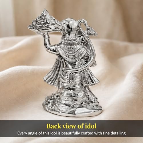 Image of Silver Plated Standing Hanuman Idol - 5.5 Inch Divine Bajrangbali Statue Holding Dronagiri Mountain for Home Mandir and Office - Auspicious Vastu Decor and Spiritual Gift