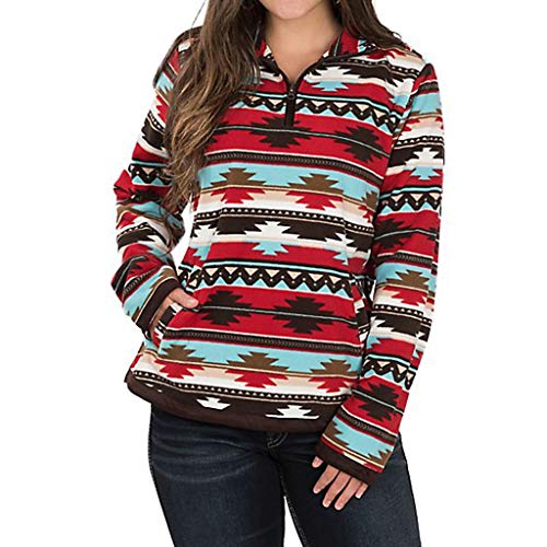 Pocciol Plus Size Women's Long Sleeve African Geometric Print Zipper Pocket T-shirt Tops