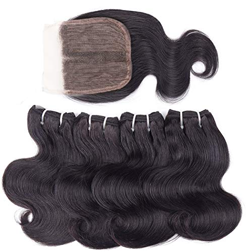Body Wave Bundles with Closure Brazilian Hair 4 Bundles with T Part Closure (10 10 10 10+10, 50g/Bundle) 9A Unprocessed Virgin Human Hair Bundles with Lace Closure 4x4x1 Middle Part