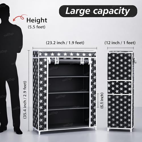 Image of Zest 4 Toyz Star Printed Shoe Rack with 5 Shelfs Zip Cover and Side Pocket Multipurpose Racks Shoe Organizer Cum Book Organizer Non Woven Fabric (Black)