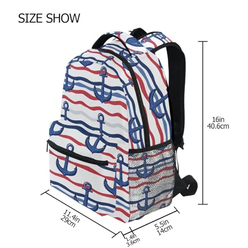 Blue Red Anchor Wave Backpack for School Boys Girls Adults Kids Bookbag Laptop Bag 15L4