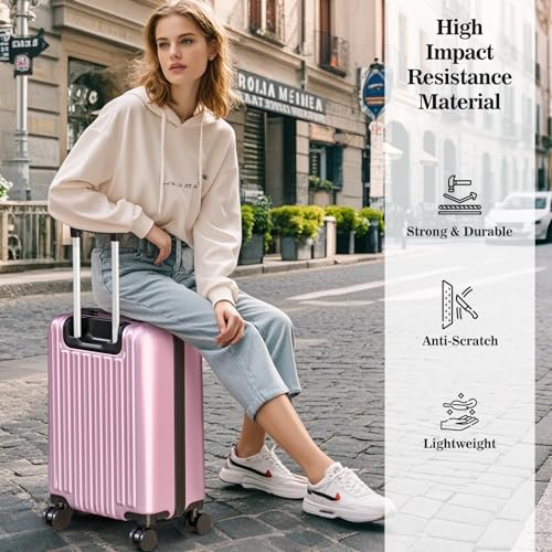 Apelila 4 Piece Hardshell Luggage Sets,Travel Suitcase,Carry On Luggage with Spinner Wheels Free Cover&Hanger Inside4PC (light pink)