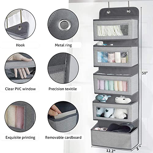 Homyfort Over The Door Hanging Organizer Storage With 5 Large Pockets,Wall Mount Storage With Clear Windows And 2 Widened Metal Hooks For Pantry,Nursery,Diapers,Bathroom,Kitchen,Closet,Dorm(Grey) #TOP3